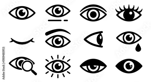 Minimalist eye icon set, 12 black vector vision symbols, human eyeball and pupil graphic elements, optical health and surveillance icons