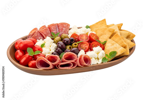 Mediterranean antipasto platter with salami and feta cheese, gourmet charcuterie board with olives and tomatoes, rustic appetizer tray with pita bread