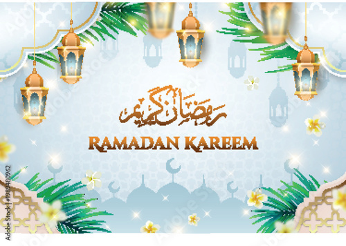 Ramadan Kareem Greeting Overlay Collection Featuring Golden Lanterns, Palm Leaves, Mosque Silhouettes, Crescent Moons, and Arabic Calligraphy for Festive Islamic Designs, Holiday Greetings, and Modern