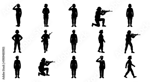 Military soldier silhouettes collection, set of 15 army personnel vector icons, infantry troops in combat poses and saluting positions