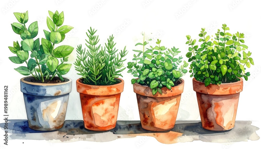 Fototapeta premium Watercolor illustration of four potted herbs, each with unique foliage and textures, arranged in a row with a subtle shadow beneath