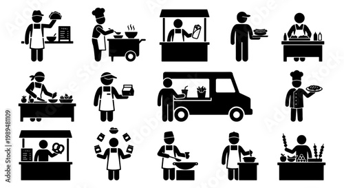 Street food vendor icons set, black silhouette stick figures cooking and serving meals, 13 vector elements of food truck and market stalls
