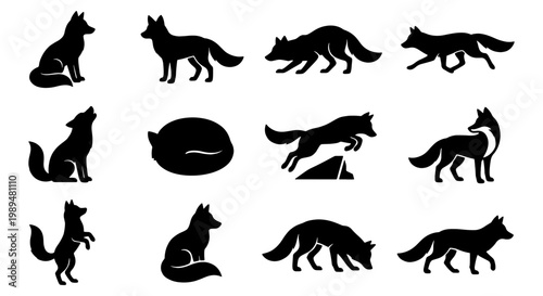 Fox silhouette vector set, 12 wild animal icons in various poses, black forest wildlife silhouettes for logo design and nature branding