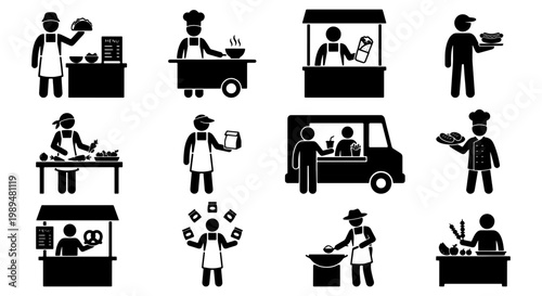 Street food vendor icons set, black silhouette stick figures serving fast food, 12 vector elements of market stalls and food truck workers