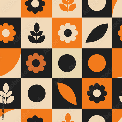 Minimal Retro Checker Floral Seamless Pattern with Geometric Shapes in 70s Style