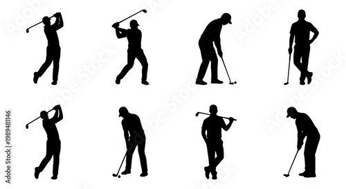 Golf player silhouettes set, professional golfer swinging and putting vector icons, 8 male athlete figures in various poses for sports tournament design