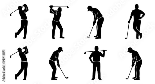 Professional golf player silhouettes set, male golfers swinging clubs and putting, black vector athlete figures for sports tournament branding