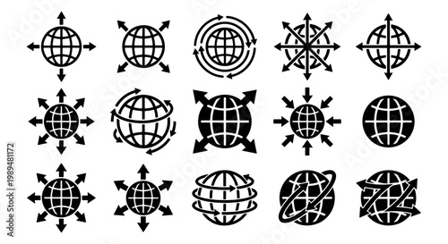 Global logistics icons set, 15 black vector globe symbols with arrows, international business and worldwide shipping signs for web design