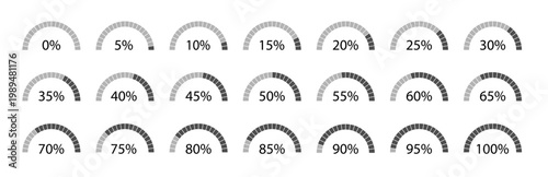 Data Visualization Progress Indicator Overlay Collection Featuring Semicircular Percentage Gauges from 0 to 100 for Dashboards, Performance Tracking, Analytics, and Modern Creative Graphics