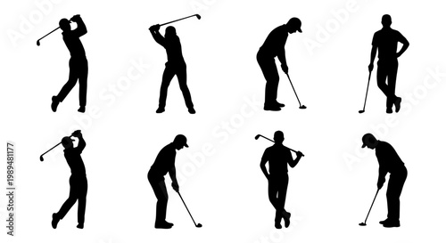 Golf player silhouettes set, collection of 8 golfer vector icons, professional athletes swinging golf clubs and putting, isolated black sport figures
