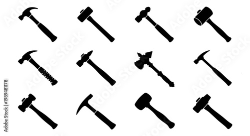 Industrial hammer silhouette icons set, professional construction hand tools collection, 12 black vector mallet and sledgehammer symbols for hardware design