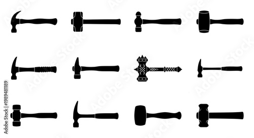 Industrial hammer silhouette icons, set of 12 construction tools, black mallet and sledgehammer vector graphics for carpentry and hardware design