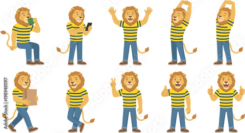 Everyday humanized lion character poses with yellow striped t-shirt blue jeans drinking coffee using phone for casual lifestyle mascot branding design