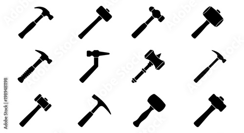 Industrial hammer icon set, 12 professional construction tool silhouettes, carpentry and masonry equipment vector collection for hardware store branding