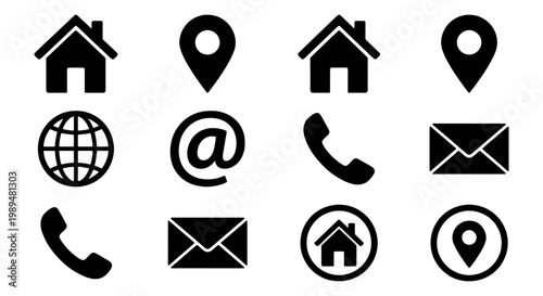 Minimalist contact icons set, black web communication symbols, vector business card elements including phone, email, home, and location pin