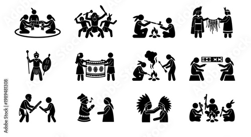 Indigenous tribal culture icons set, native people stick figure silhouettes, 12 ethnic community life scenes, traditional ritual and heritage vector