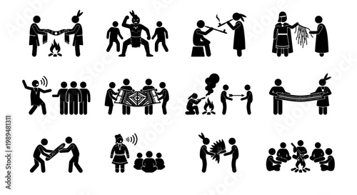 Indigenous people culture and tradition icons, native american tribal life stick figures, set of 12 ethnic ceremony and ritual vector illustrations