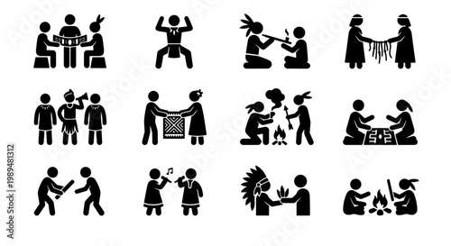 Native American indigenous culture icons, 12 tribal life stick figure pictograms, traditional ethnic ceremony and daily activity vector set
