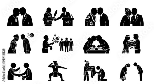 Cultural greeting icons set, traditional indigenous ceremony and diplomatic protocol silhouettes, 12 vector symbols of global respect and unity
