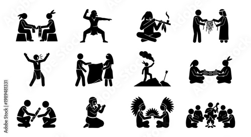 Native American culture stick figure icons, indigenous people tribal life silhouettes, 12 ethnic character vector set, traditional ceremony and daily life