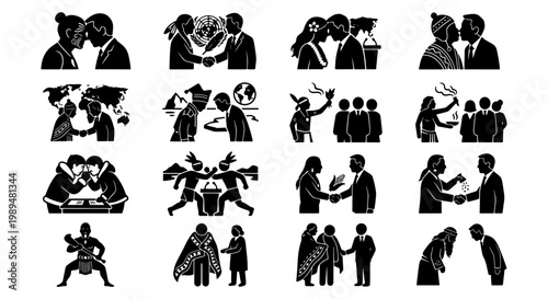 Indigenous culture and global diplomacy icons, set of 16 black vector silhouettes, traditional greetings and international cooperation symbols