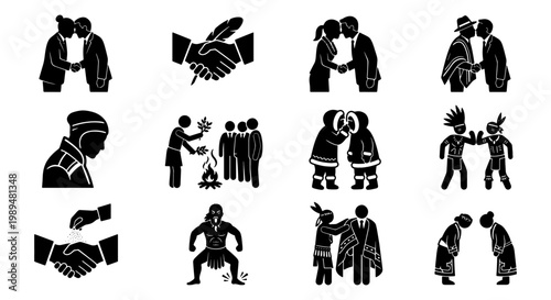 Cultural greeting icons set, traditional global salutations and handshake vector collection, 12 black silhouette symbols of diverse ethnic customs