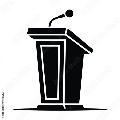 Podium featuring a microphone stands ready for a public speaker to address an audience at an event.