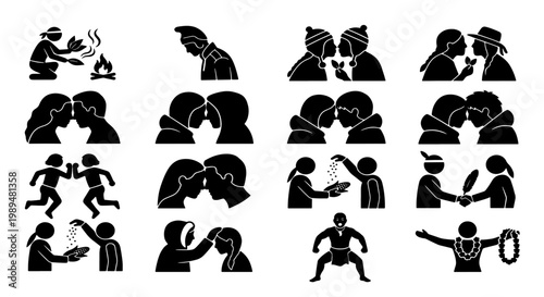 Indigenous culture icons set, 16 tribal ritual and tradition vector silhouettes, ethnic community customs and spiritual ceremony symbols