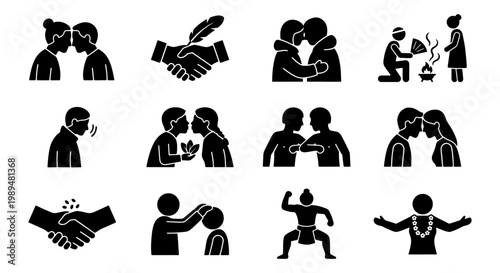 Cultural greeting icons set, traditional global salutations and social etiquette symbols, 12 black vector silhouettes of international customs