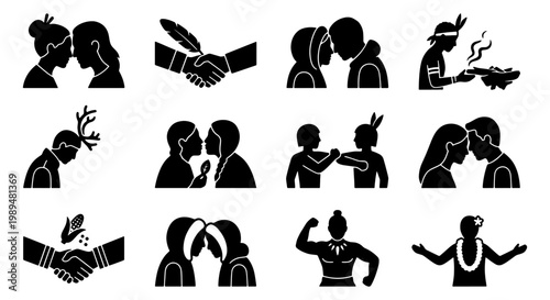 Indigenous culture icons set, 12 black vector silhouettes of native people traditions and greetings, ethnic community rituals and tribal symbols