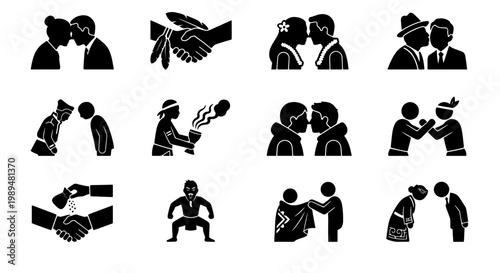 Cultural greeting icons set, traditional global salutations and customs vector, 12 black silhouette people symbols of diverse world etiquette