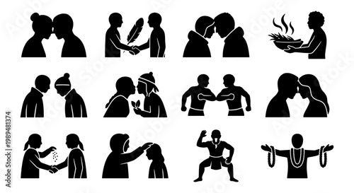 Maori culture icons set, indigenous New Zealand tradition symbols, 12 black vector silhouettes of tribal greetings and rituals for cultural education