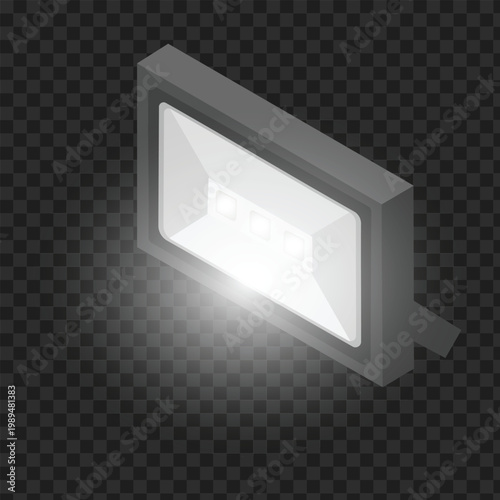 Compact LED flood light isometric icon for industrial equipment and outdoor lighting systems vector illustration