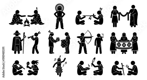 Native American culture stick figure icons, indigenous people tribal life vector set, traditional ethnic ceremony and hunting silhouettes