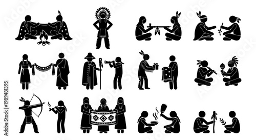 Native American culture stick figure icons, indigenous people tribal life vector set, traditional ceremony and hunting silhouettes, ethnic heritage symbols
