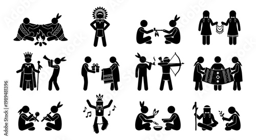 Indigenous American culture stick figure icons, Native American tribal life vector set, traditional ethnic ceremony and daily activity silhouettes