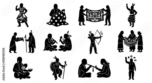 Indigenous North American culture silhouettes, traditional tribal people activities vector set, ethnic folk life and heritage icons for history education