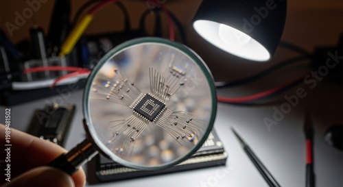 Magnifying glass reveals intricate electronic microchip detail