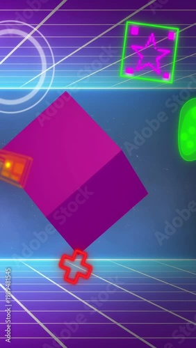 Vertical video: Neon ring pulsing, pink cube rotating drifting as pads orbiting to show retro vibe
