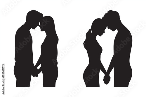 Silhouettes of two couples embracing and kissing
