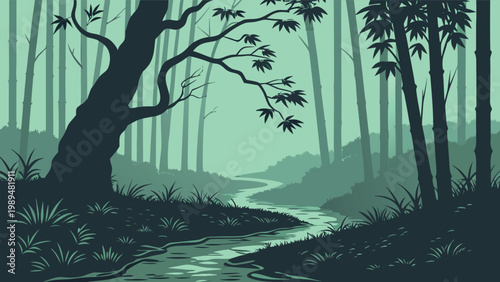 Serene Bamboo Forest Landscape with Winding River and Ancient Tree