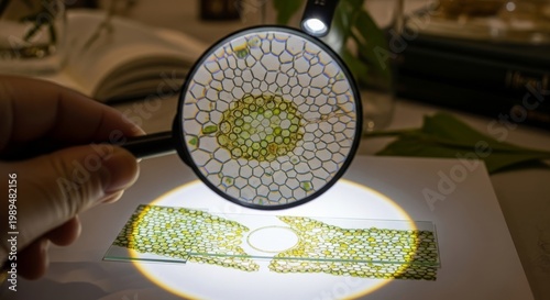 Magnifying Glass Reveals Plant Cell Structure Under Light