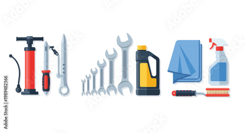 Flat lay of various car maintenance tools and supplies on a clean white background.