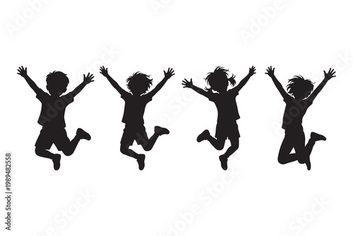 Four black silhouettes of children jumping in the air