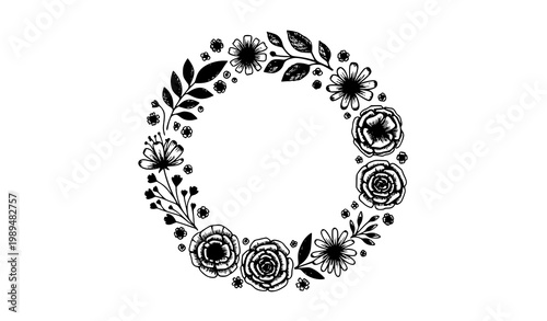 Hand drawn vintage floral wreath vector with botanical sketch flowers leaves and rustic design elements