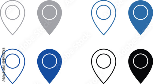Two map marker icons one outline and one filled blue graphic design white background location destination navigation interface