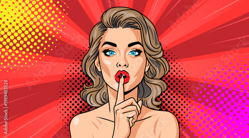Pop Art Woman Making Shh Silence Gesture - Retro Comic Style Illustration with Blonde Hair and Red Lips on Radiating Background with Halftone Dots
