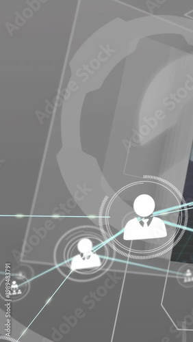 Vertical video: Bright avatar flashing, cyan beams sweeping, avatars linking into business network