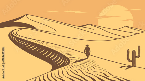 Minimalist Illustration of a Lonely Traveler Walking Through Desert Sand Dunes at Sunset