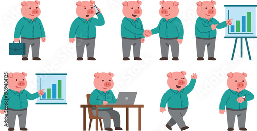 Professional humanized pig character poses with teal button-down shirt gray trousers briefcase laptop handshake for business corporate mascot branding design